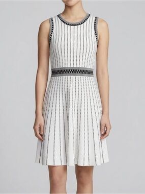 Milly White Sleeveless Knit A-Line Dress with Black Trim